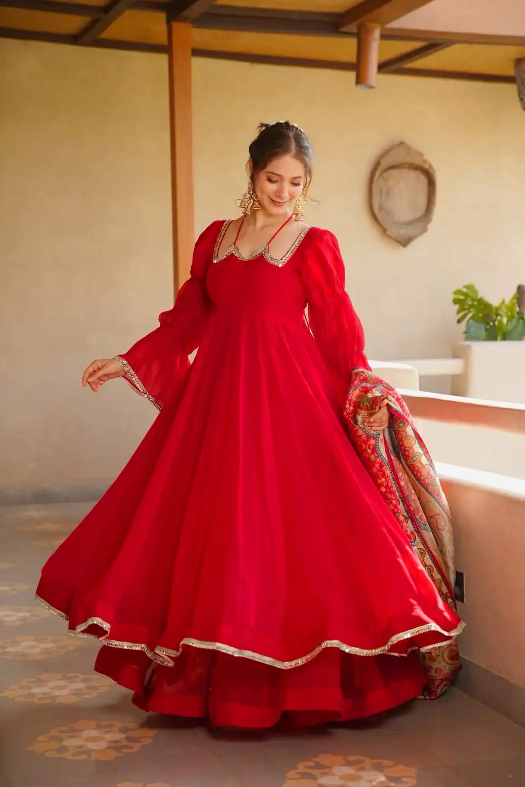 Super Red Tabby Silk Mirror Work Digital Print Anarkali Suit - Image 3