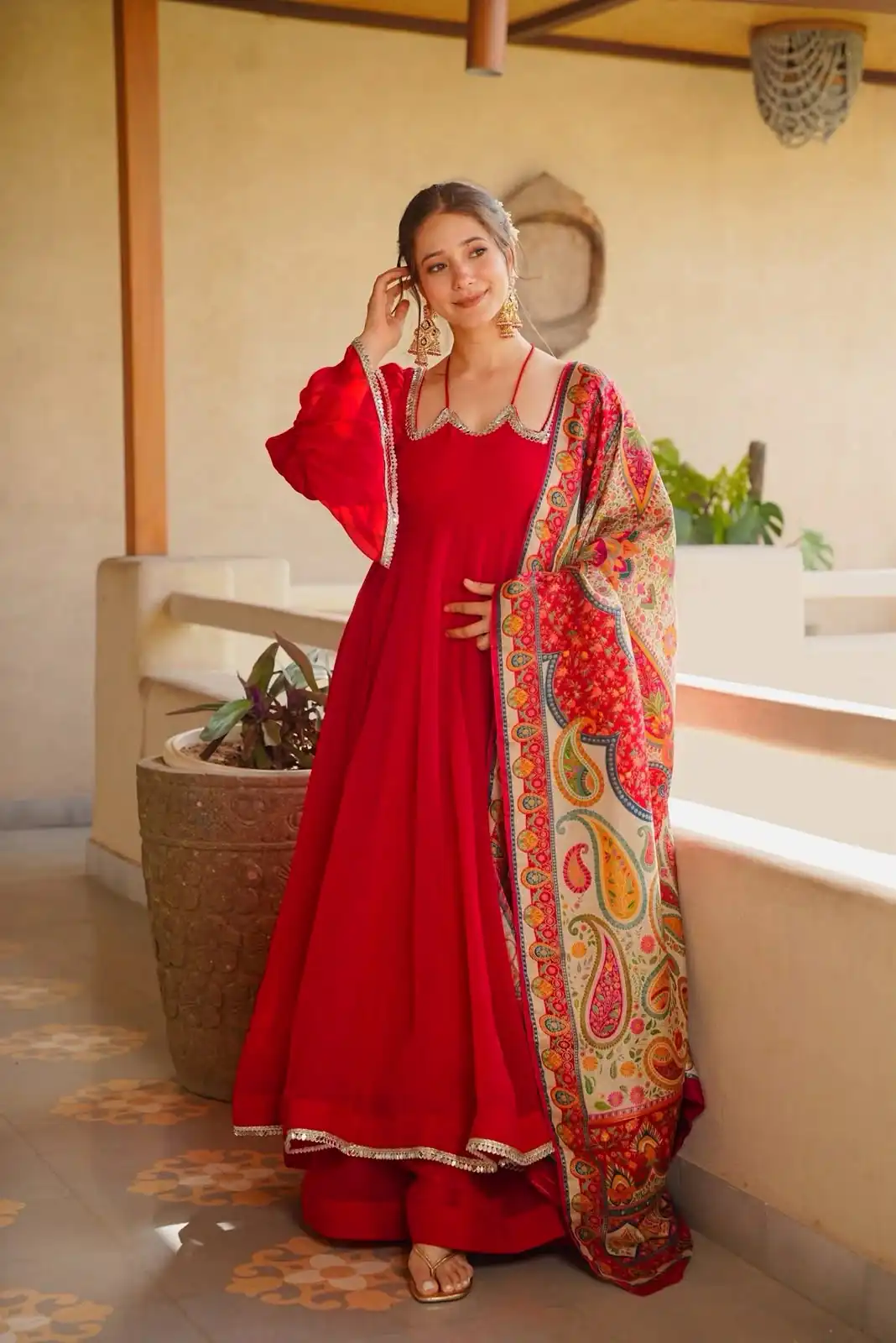 Super Red Tabby Silk Mirror Work Digital Print Anarkali Suit - Image 2