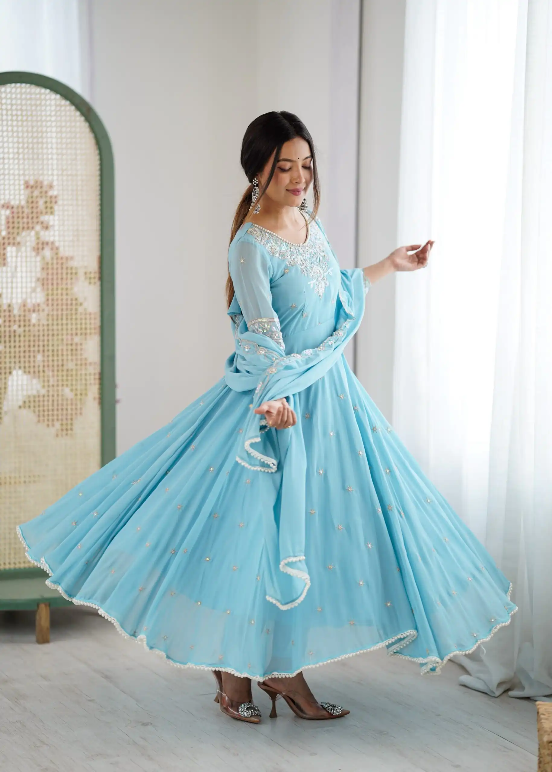 Super Sky Blue Blooming Faux Embroidery Work Gown - Image 2