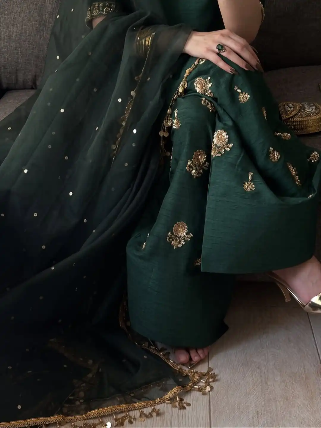 Super Teal Green Aada Slab Silk Embroidery Salwar Suit - Image 4