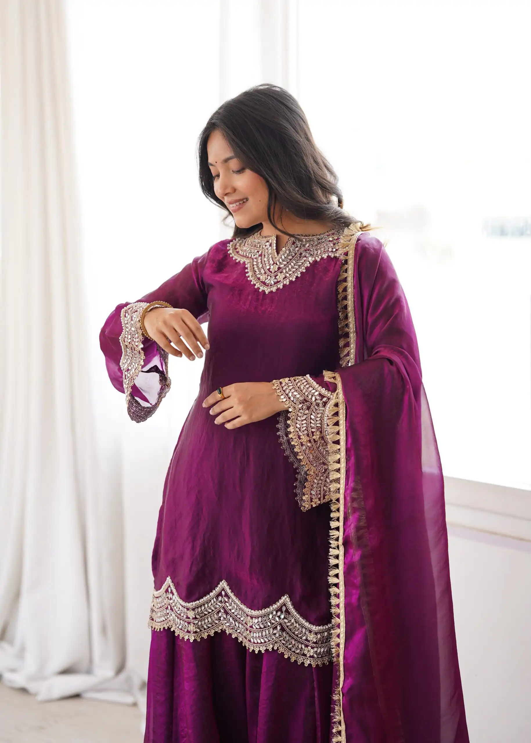 Super Wine Fendy Silk Embroidery Mirror Work⁠ Salwar Suit - Image 10