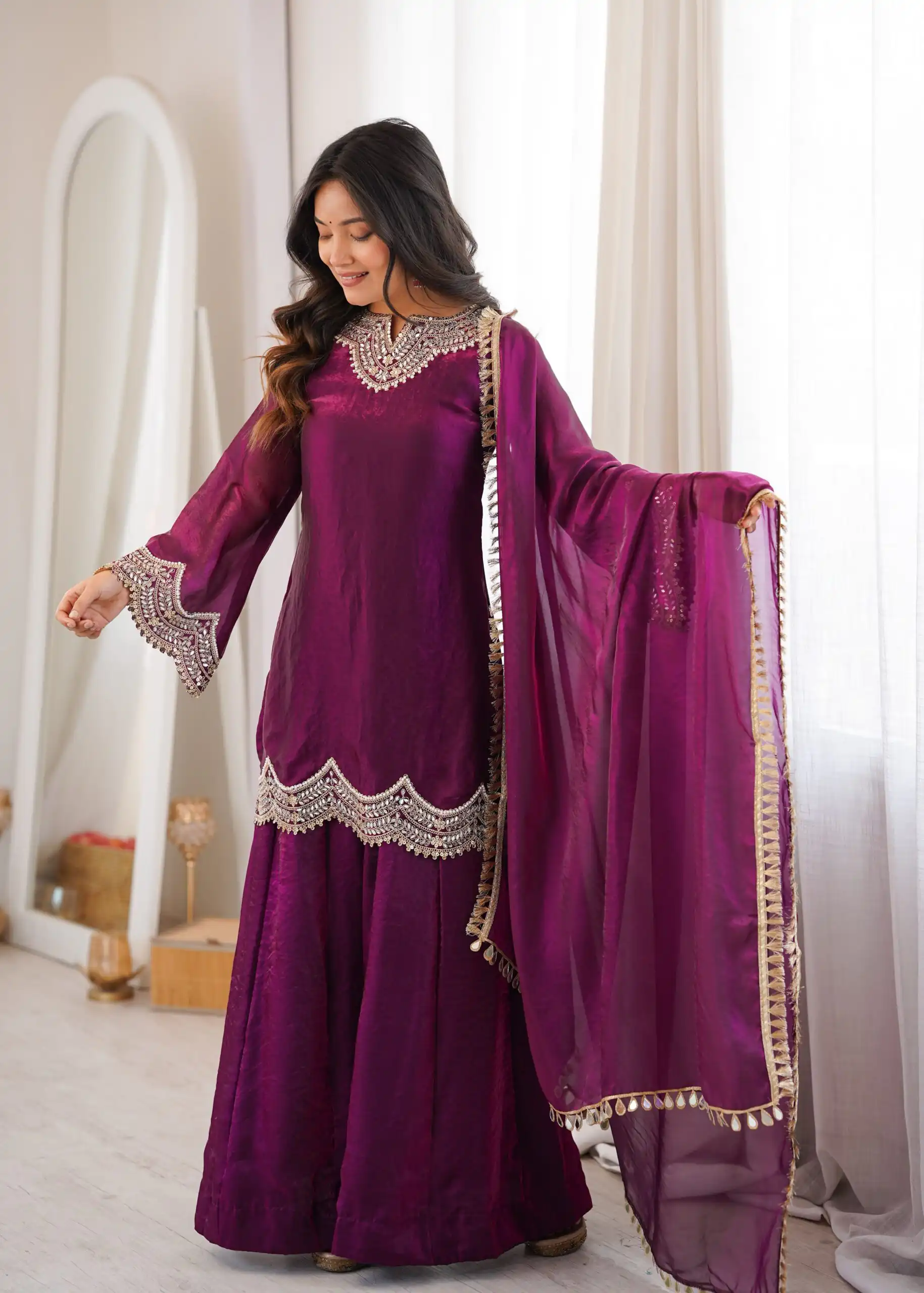 Super Wine Fendy Silk Embroidery Mirror Work⁠ Salwar Suit - Image 3