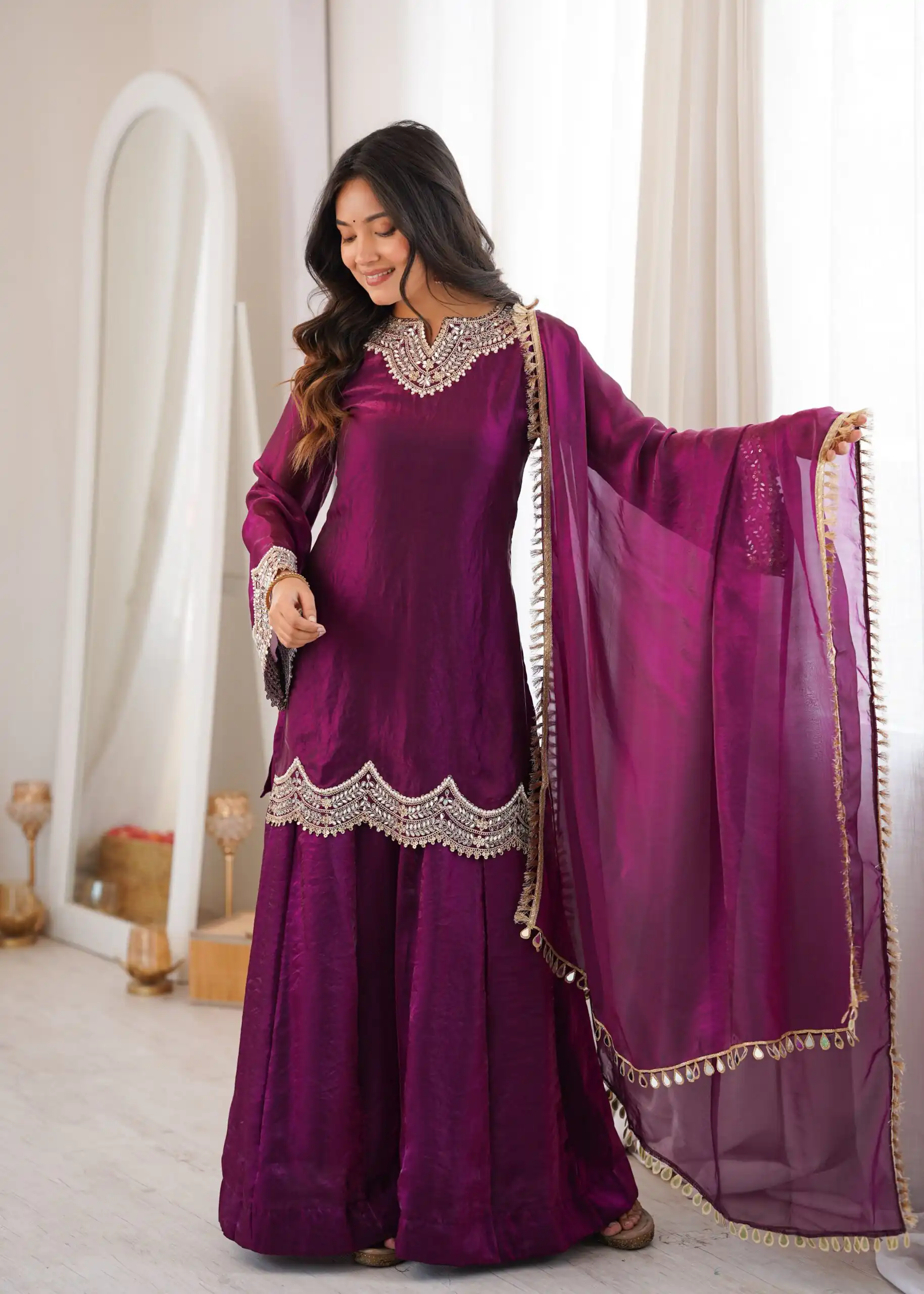 Super Wine Fendy Silk Embroidery Mirror Work⁠ Salwar Suit