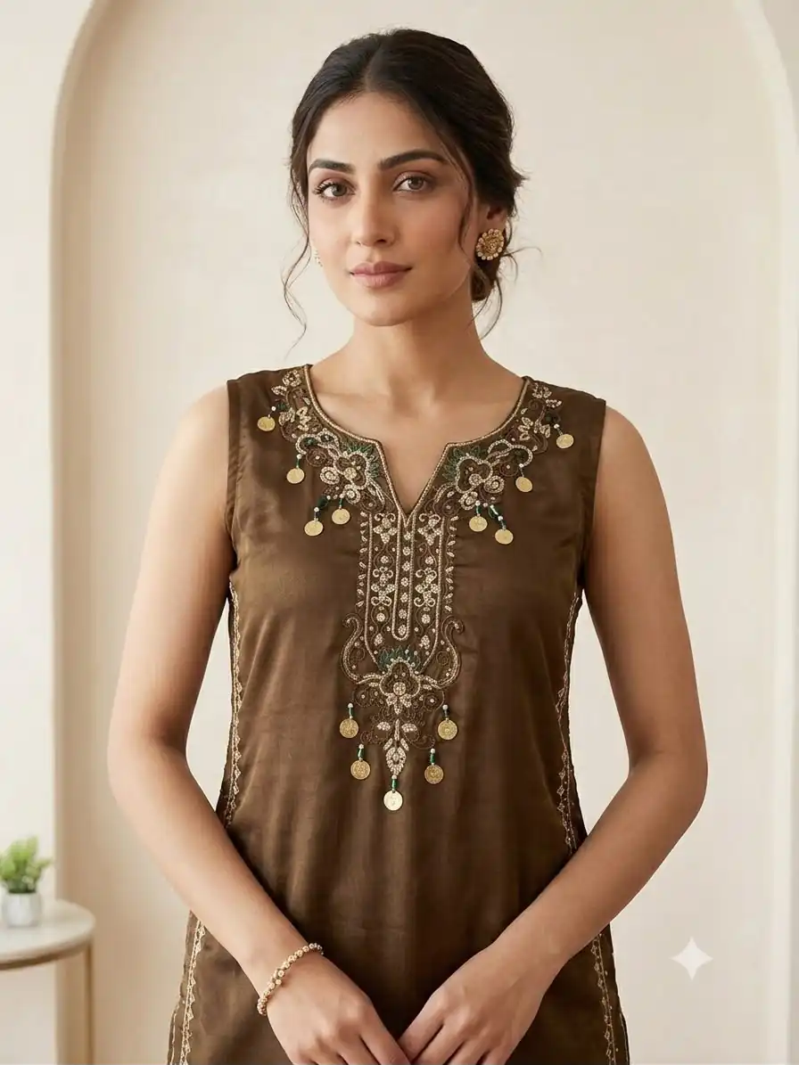 Trendy Brown Cos Moss Embroidery Work Salwar Suit - Image 4