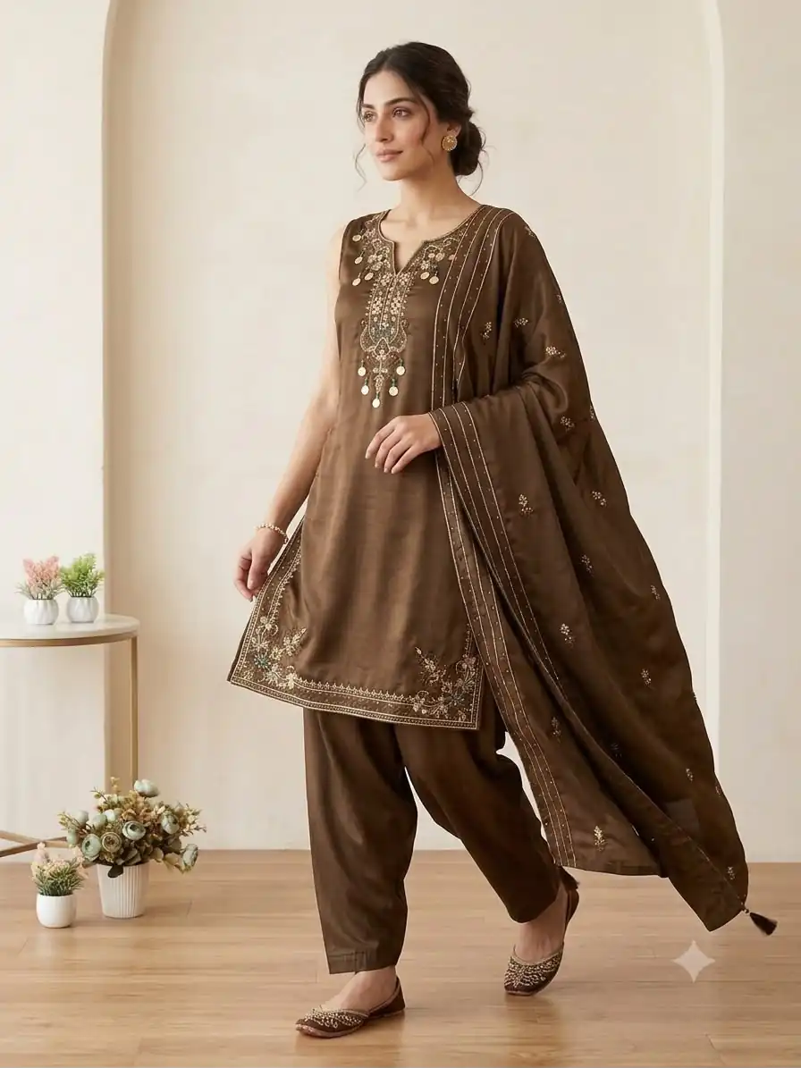 Trendy Brown Cos Moss Embroidery Work Salwar Suit - Image 3