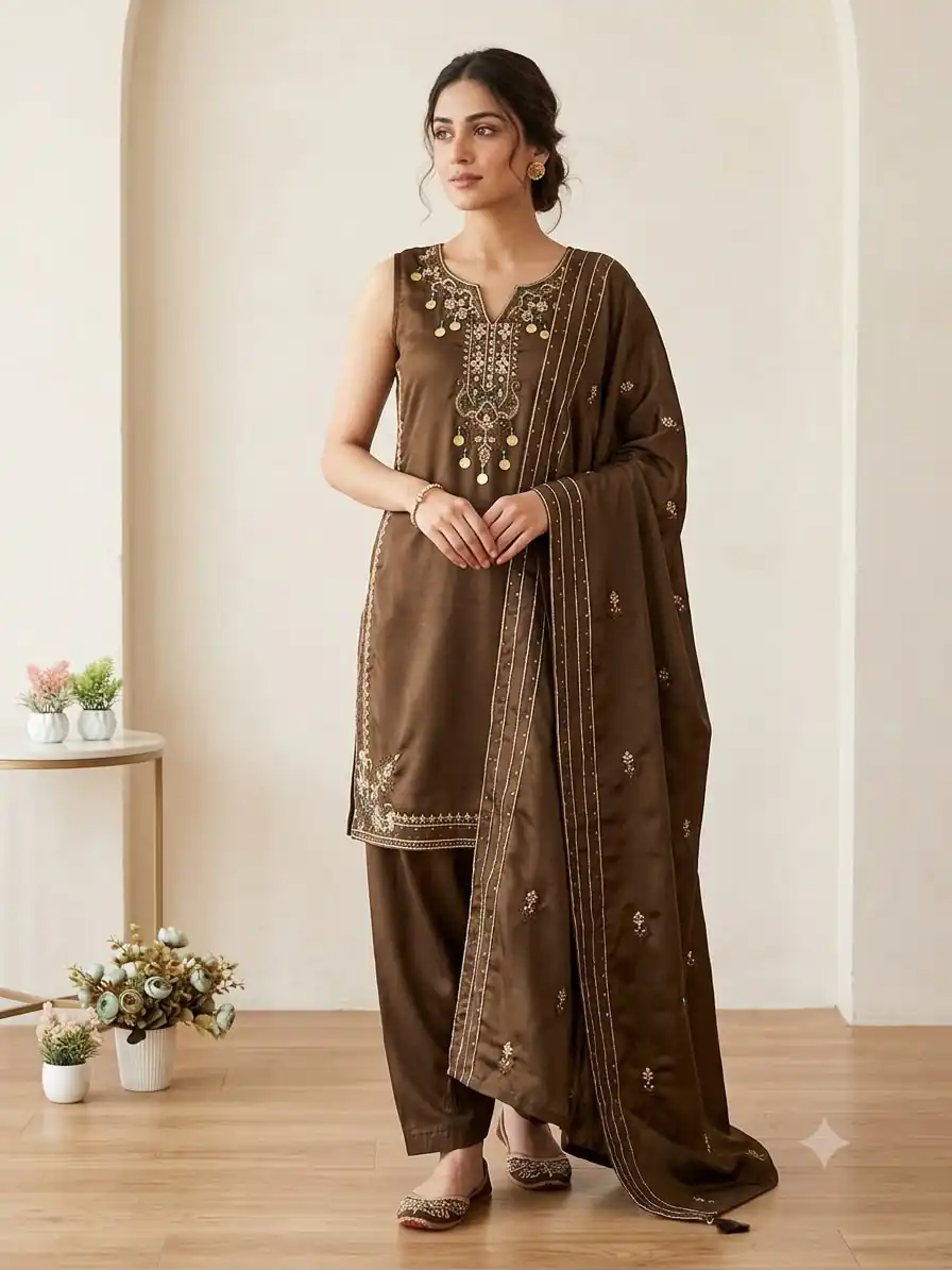 Trendy Brown Cos Moss Embroidery Work Salwar Suit - Image 2
