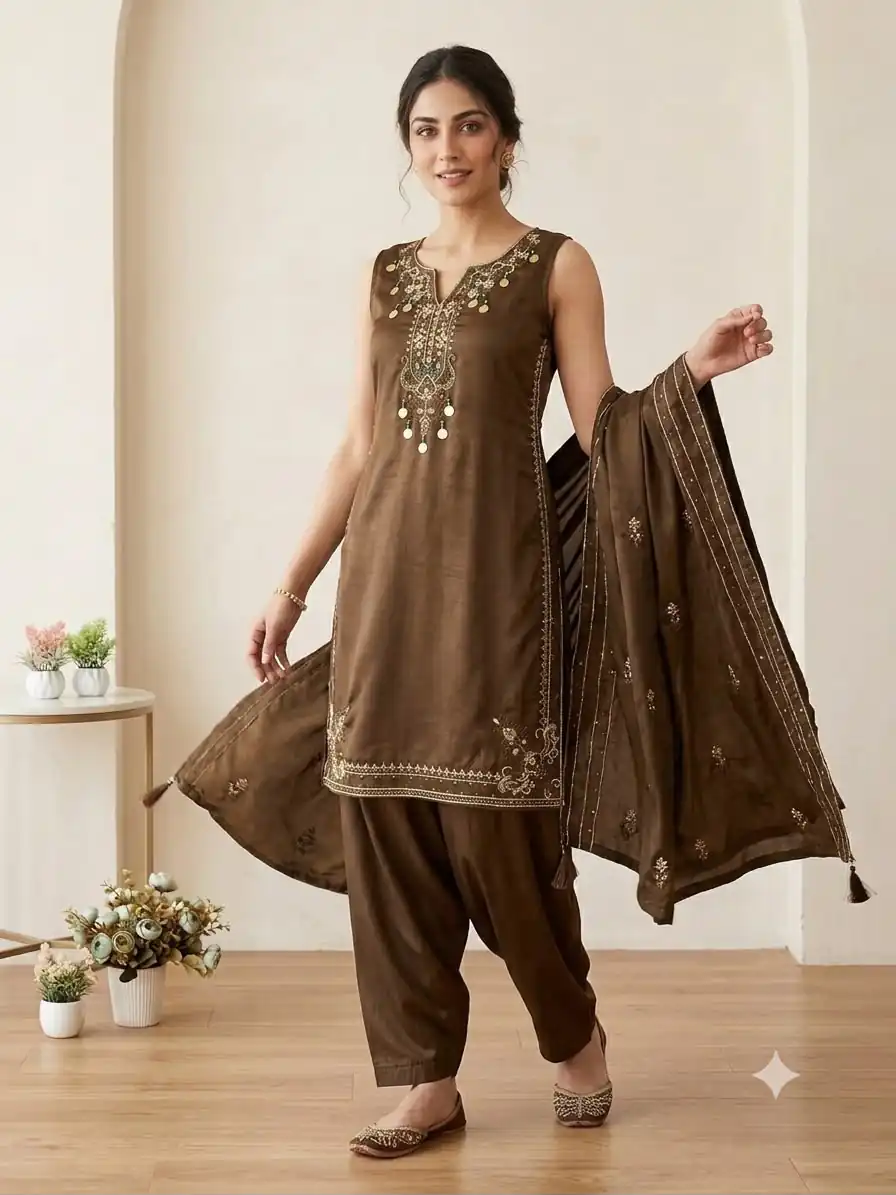 Trendy Brown Cos Moss Embroidery Work Salwar Suit