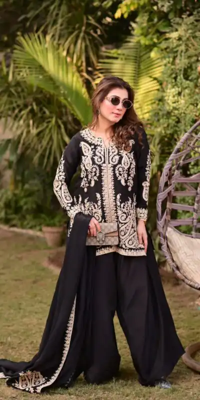 KD 1631 Black Black Faux Georgette Salwar Suit with Embroidery Work. Get it for ₹2099. Delivery 4-6 Working Days. Shop now. | Casual Suits, Jump Suits, Creative suits, Designer Suits, Palazzo Suits, Party Wear Suits, Patiala Suits, Salwar suit, Straight Suits