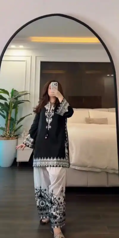JF 044 Black Black Natural Crep Silk Salwar Suit with Embroidery Work & Digital Print. Now at just ₹2099. Delivery 4-6 Working Days. Shop now. | Casual Suits, Jump Suits, Creative suits, Designer Suits, Palazzo Suits, Party Wear Suits, Patiala Suits, Salwar suit, Straight Suits