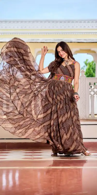 Ram 136 Brown Color | Red Faux Georgette Gown with Mirror Work. Get it for ₹1999. Delivery 4-6 Working Days. Online Shop now. | Bollywood Gowns, Creative Gowns, Designer Gowns, Embroidered Gowns, Gowns, Party Wear Gowns