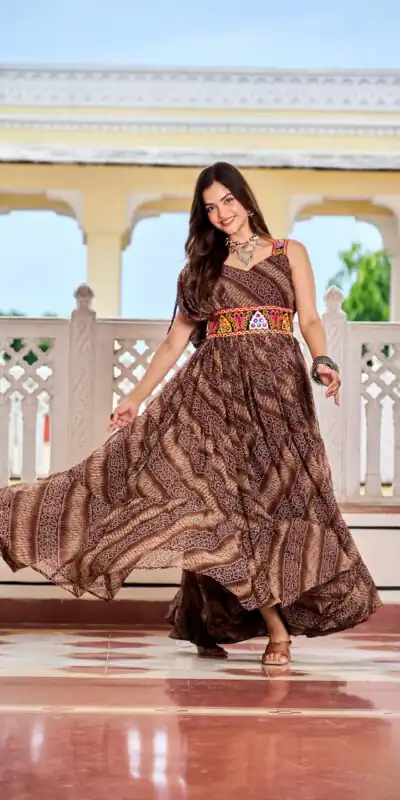 Ram 136 Brown Color | Red Faux Georgette Gown with Mirror Work. Get it for ₹1999. Delivery 4-6 Working Days. Online Shop now. | Bollywood Gowns, Creative Gowns, Designer Gowns, Embroidered Gowns, Gowns, Party Wear Gowns