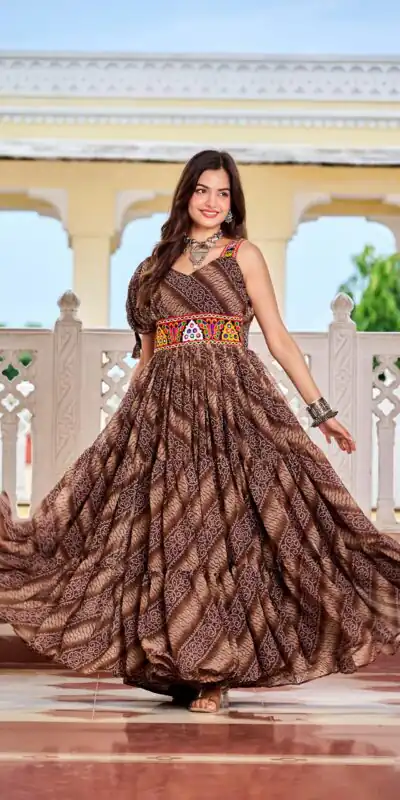 Ram 136 Brown Color | Red Faux Georgette Gown with Mirror Work. Get it for ₹1999. Delivery 4-6 Working Days. Online Shop now. | Bollywood Gowns, Creative Gowns, Designer Gowns, Embroidered Gowns, Gowns, Party Wear Gowns
