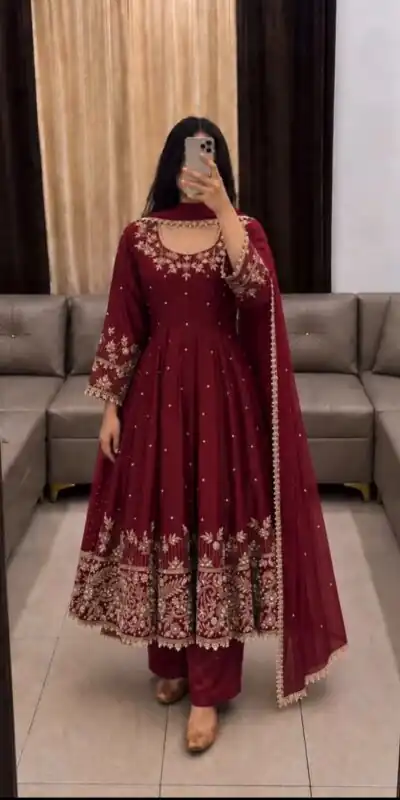 SR 1719 Maroon Faux Georgette Gown Perfect for Wedding, Party, Raksha Bandhan, Temple Visit, Onam – . Get it for ₹2149. Delivery 4-6 Working Days. Shop now | Bollywood Gowns, Creative Gowns, Designer Gowns, Embroidered Gowns, Gowns, Party Wear Gowns