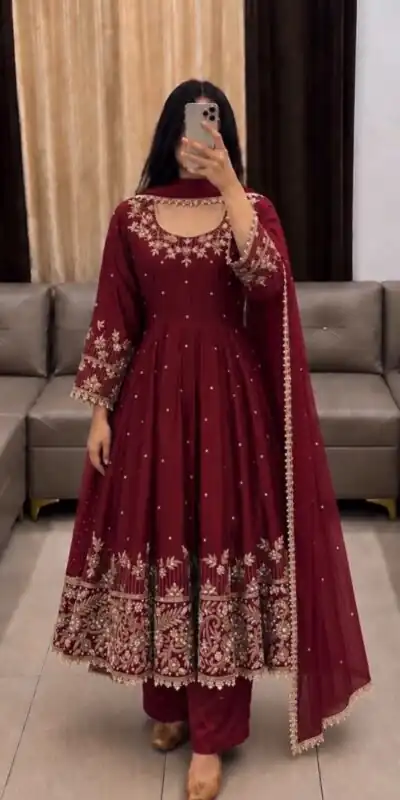 SR 1719 Maroon Faux Georgette Gown Perfect for Wedding, Party, Raksha Bandhan, Temple Visit, Onam – . Get it for ₹2149. Delivery 4-6 Working Days. Shop now | Bollywood Gowns, Creative Gowns, Designer Gowns, Embroidered Gowns, Gowns, Party Wear Gowns