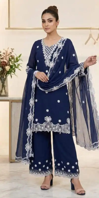 LG 2119 Navy Blue in Georgette Work Embroidery Work & Sequins Work Salwar Suit . Grab it for ₹1999. Delivery 4-6 Working Days. Shop now. | Casual Suits, Jump Suits, Creative suits, Designer Suits, Palazzo Suits, Party Wear Suits, Patiala Suits, Salwar suit, Straight Suits
