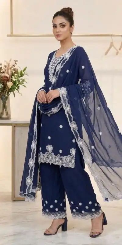 LG 2119 Navy Blue in Georgette Work Embroidery Work & Sequins Work Salwar Suit . Grab it for ₹1999. Delivery 4-6 Working Days. Shop now. | Casual Suits, Jump Suits, Creative suits, Designer Suits, Palazzo Suits, Party Wear Suits, Patiala Suits, Salwar suit, Straight Suits