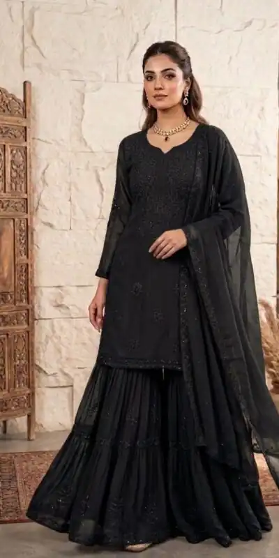 BE 456 Black Georgette Gown Perfect for Wedding, Party, Makar Sankranti, Karwa Chauth, Ethnic Day – . Now at just ₹2049. Delivery 4-6 Working D | Casual Suits, Jump Suits, Creative suits, Designer Suits, Palazzo Suits, Party Wear Suits, Patiala Suits, Salwar suit, Straight Suits