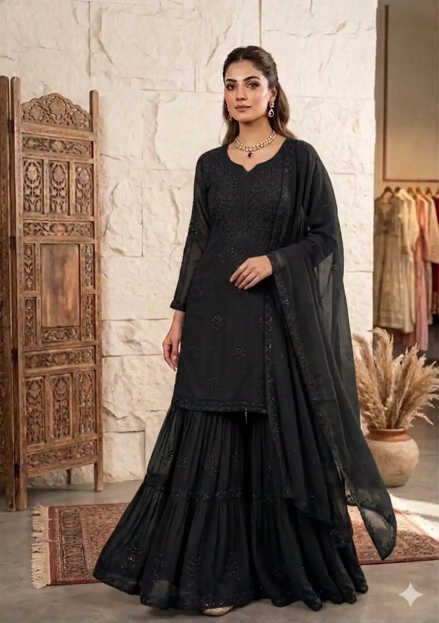 BE 456 Black Georgette Gown Perfect for Wedding, Party, Makar Sankranti, Karwa Chauth, Ethnic Day – . Now at just ₹2049. Delivery 4-6 Working D | Casual Suits, Jump Suits, Creative suits, Designer Suits, Palazzo Suits, Party Wear Suits, Patiala Suits, Salwar suit, Straight Suits