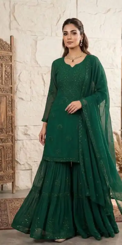 BE 456 Green Georgette Gown Perfect for Wedding, Party, Makar Sankranti, Karwa Chauth, Ethnic Day – . Now at just ₹2049. Delivery 4-6 Working D | Casual Suits, Jump Suits, Creative suits, Designer Suits, Palazzo Suits, Party Wear Suits, Patiala Suits, Salwar suit, Straight Suits