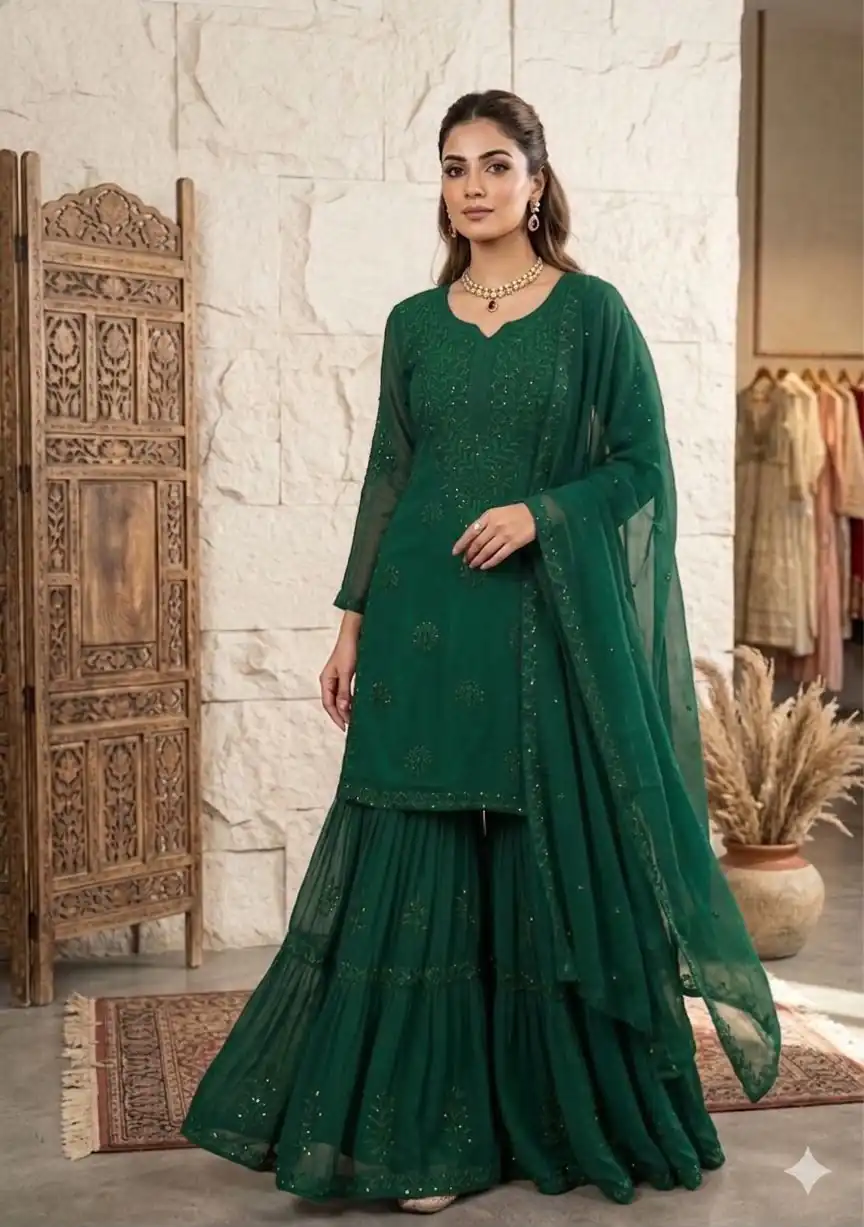 BE 456 Green Georgette Gown Perfect for Wedding, Party, Makar Sankranti, Karwa Chauth, Ethnic Day – . Now at just ₹2049. Delivery 4-6 Working D | Casual Suits, Jump Suits, Creative suits, Designer Suits, Palazzo Suits, Party Wear Suits, Patiala Suits, Salwar suit, Straight Suits