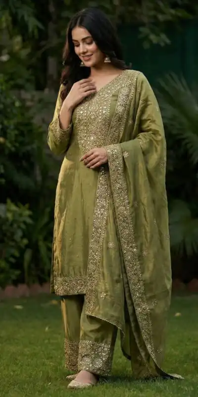 JF 040 Mehandi Fendy Silk Salwar Suitwith Embroidery Work & Lace Work. Now at just ₹2049. Delivery 4-6 Working Days. Shop now. | Casual Suits, Jump Suits, Creative suits, Designer Suits, Palazzo Suits, Party Wear Suits, Patiala Suits, Salwar suit, Straight Suits