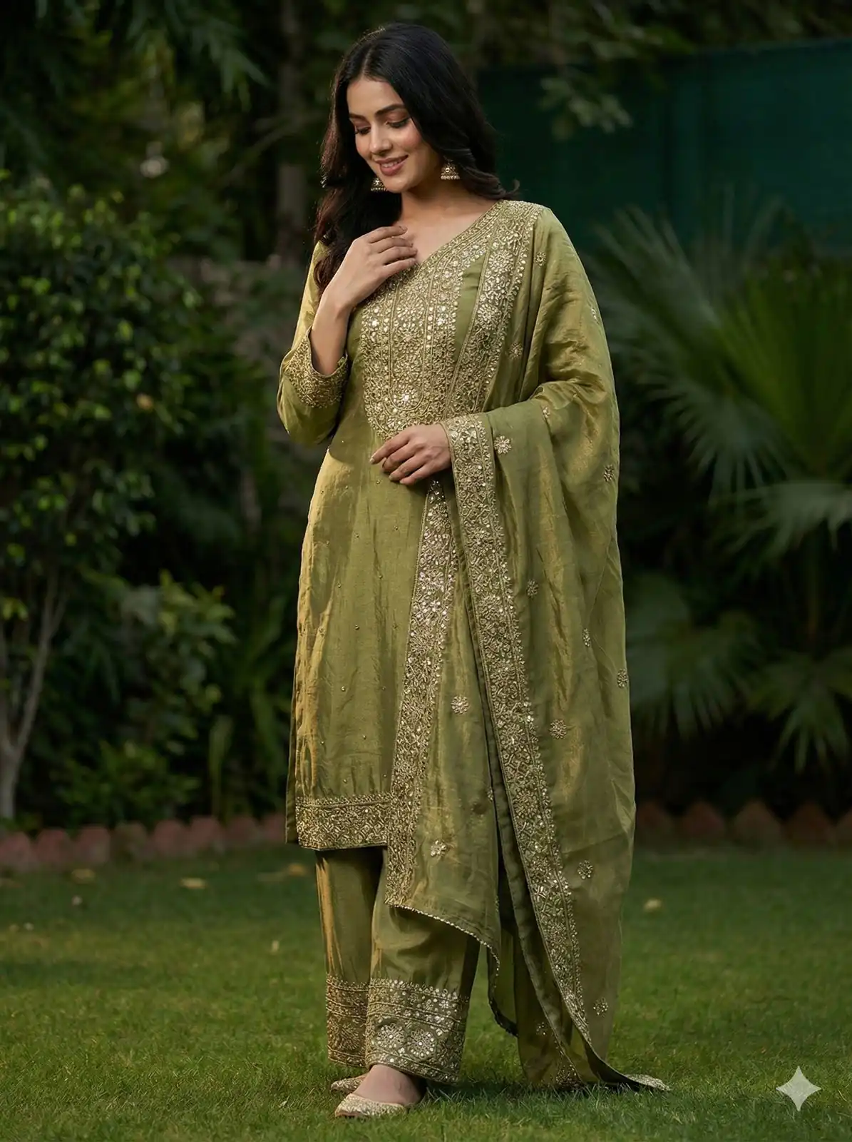 JF 040 Mehandi Fendy Silk Salwar Suitwith Embroidery Work & Lace Work. Now at just ₹2049. Delivery 4-6 Working Days. Shop now. | Casual Suits, Jump Suits, Creative suits, Designer Suits, Palazzo Suits, Party Wear Suits, Patiala Suits, Salwar suit, Straight Suits