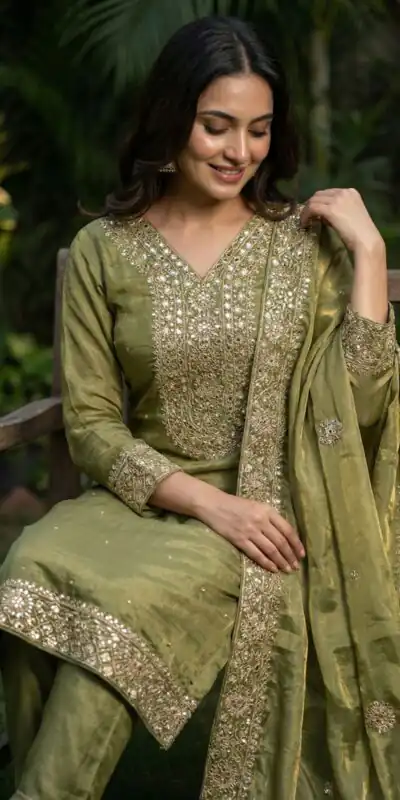 JF 040 Mehandi Fendy Silk Salwar Suitwith Embroidery Work & Lace Work. Now at just ₹2049. Delivery 4-6 Working Days. Shop now. | Casual Suits, Jump Suits, Creative suits, Designer Suits, Palazzo Suits, Party Wear Suits, Patiala Suits, Salwar suit, Straight Suits