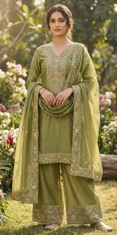 JF 040 Mehandi Fendy Silk Salwar Suitwith Embroidery Work & Lace Work. Now at just ₹2049. Delivery 4-6 Working Days. Shop now. | Casual Suits, Jump Suits, Creative suits, Designer Suits, Palazzo Suits, Party Wear Suits, Patiala Suits, Salwar suit, Straight Suits