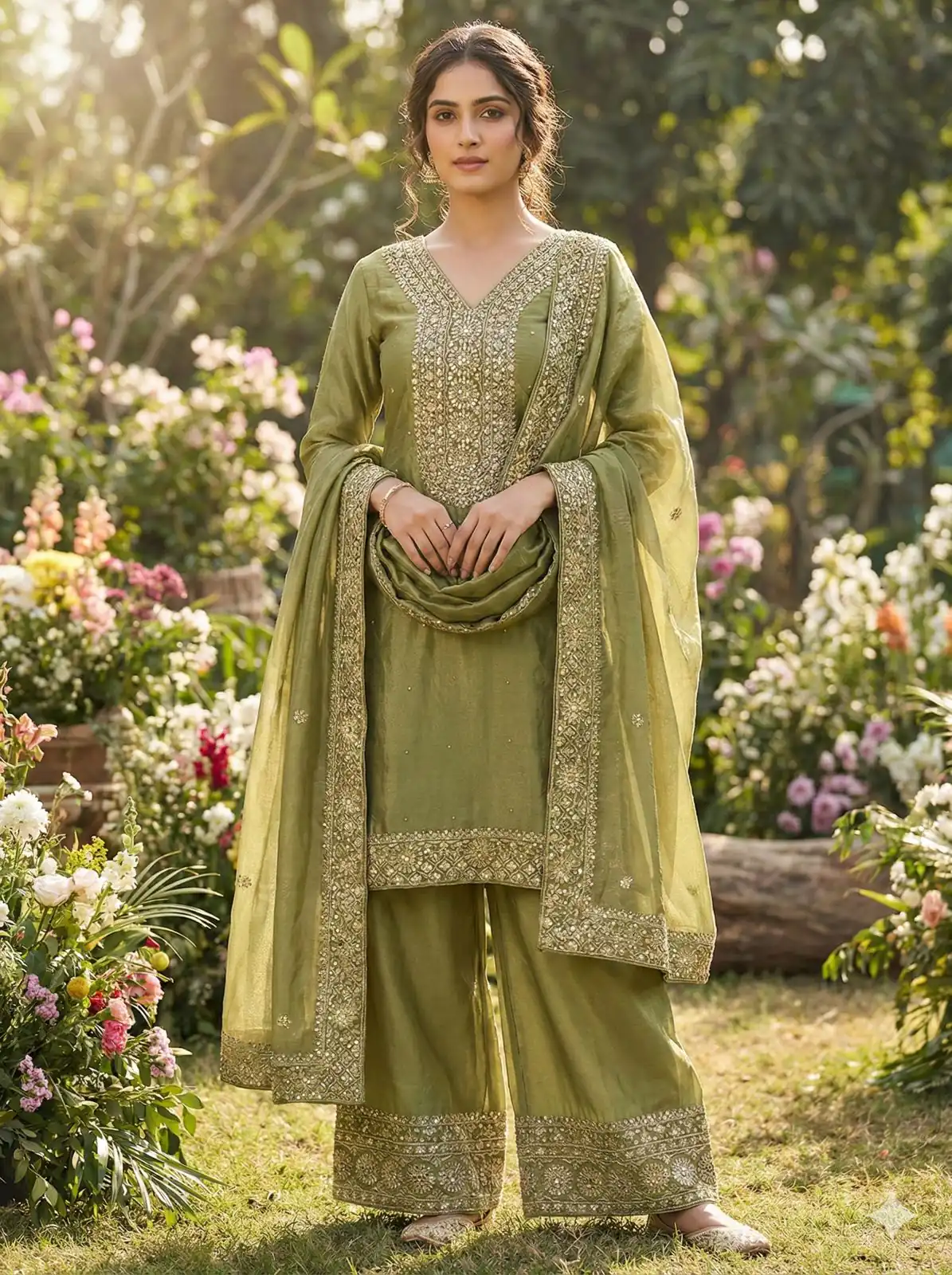 JF 040 Mehandi Fendy Silk Salwar Suitwith Embroidery Work & Lace Work. Now at just ₹2049. Delivery 4-6 Working Days. Shop now. | Casual Suits, Jump Suits, Creative suits, Designer Suits, Palazzo Suits, Party Wear Suits, Patiala Suits, Salwar suit, Straight Suits