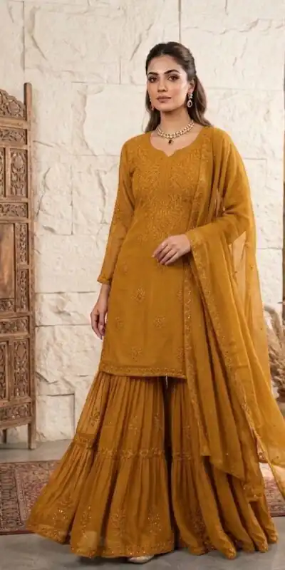 BE 456 Mustered Georgette Gown Perfect for Wedding, Party, Makar Sankranti, Karwa Chauth, Ethnic Day – . Now at just ₹2049. Delivery 4-6 Working D | Casual Suits, Jump Suits, Creative suits, Designer Suits, Palazzo Suits, Party Wear Suits, Patiala Suits, Salwar suit, Straight Suits