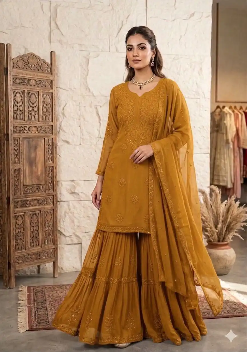 BE 456 Mustered Georgette Gown Perfect for Wedding, Party, Makar Sankranti, Karwa Chauth, Ethnic Day – . Now at just ₹2049. Delivery 4-6 Working D | Casual Suits, Jump Suits, Creative suits, Designer Suits, Palazzo Suits, Party Wear Suits, Patiala Suits, Salwar suit, Straight Suits