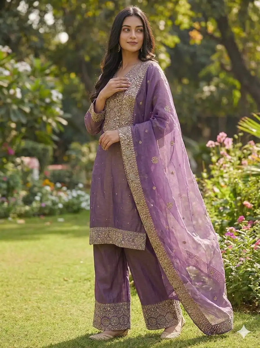 JF 040 Purple Fendy Silk Salwar Suitwith Embroidery Work & Lace Work. Now at just ₹2049. Delivery 4-6 Working Days. Shop now. | Casual Suits, Jump Suits, Creative suits, Designer Suits, Palazzo Suits, Party Wear Suits, Patiala Suits, Salwar suit, Straight Suits
