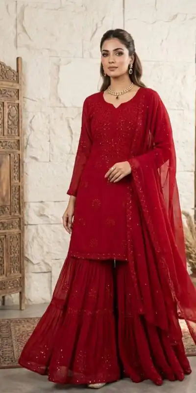 BE 456 Red Georgette Gown Perfect for Wedding, Party, Makar Sankranti, Karwa Chauth, Ethnic Day – . Now at just ₹2049. Delivery 4-6 Working D | Casual Suits, Jump Suits, Creative suits, Designer Suits, Palazzo Suits, Party Wear Suits, Patiala Suits, Salwar suit, Straight Suits