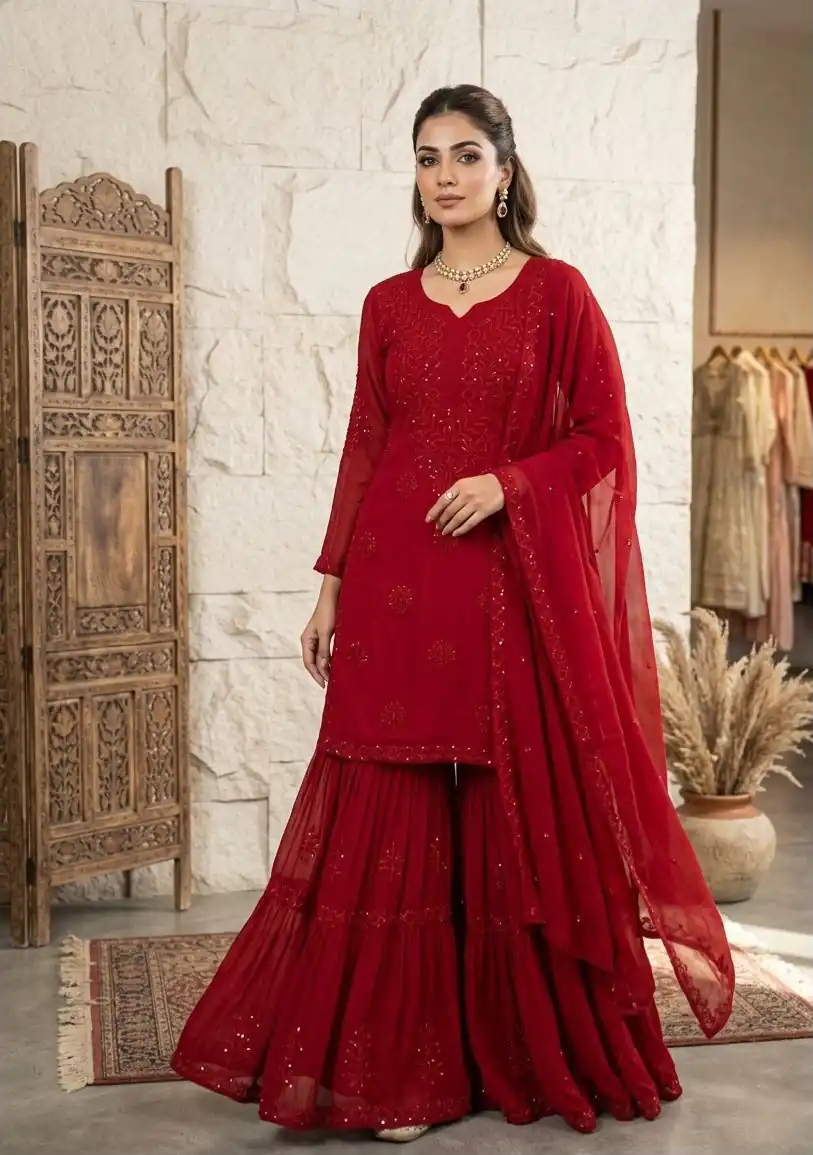 BE 456 Red Georgette Gown Perfect for Wedding, Party, Makar Sankranti, Karwa Chauth, Ethnic Day – . Now at just ₹2049. Delivery 4-6 Working D | Casual Suits, Jump Suits, Creative suits, Designer Suits, Palazzo Suits, Party Wear Suits, Patiala Suits, Salwar suit, Straight Suits