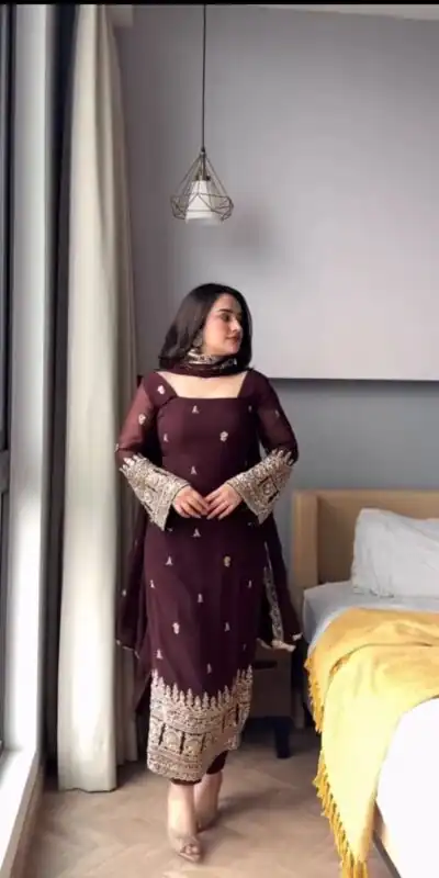 KD 1548 | Brown Faux Georgette Salwar Suit with Lace Work & Lace Border. Festive Deal ₹2049. Delivery 4-6 Working Days. Shop now. | Casual Suits, Jump Suits, Creative suits, Designer Suits, Palazzo Suits, Party Wear Suits, Patiala Suits, Salwar suit, Straight Suits