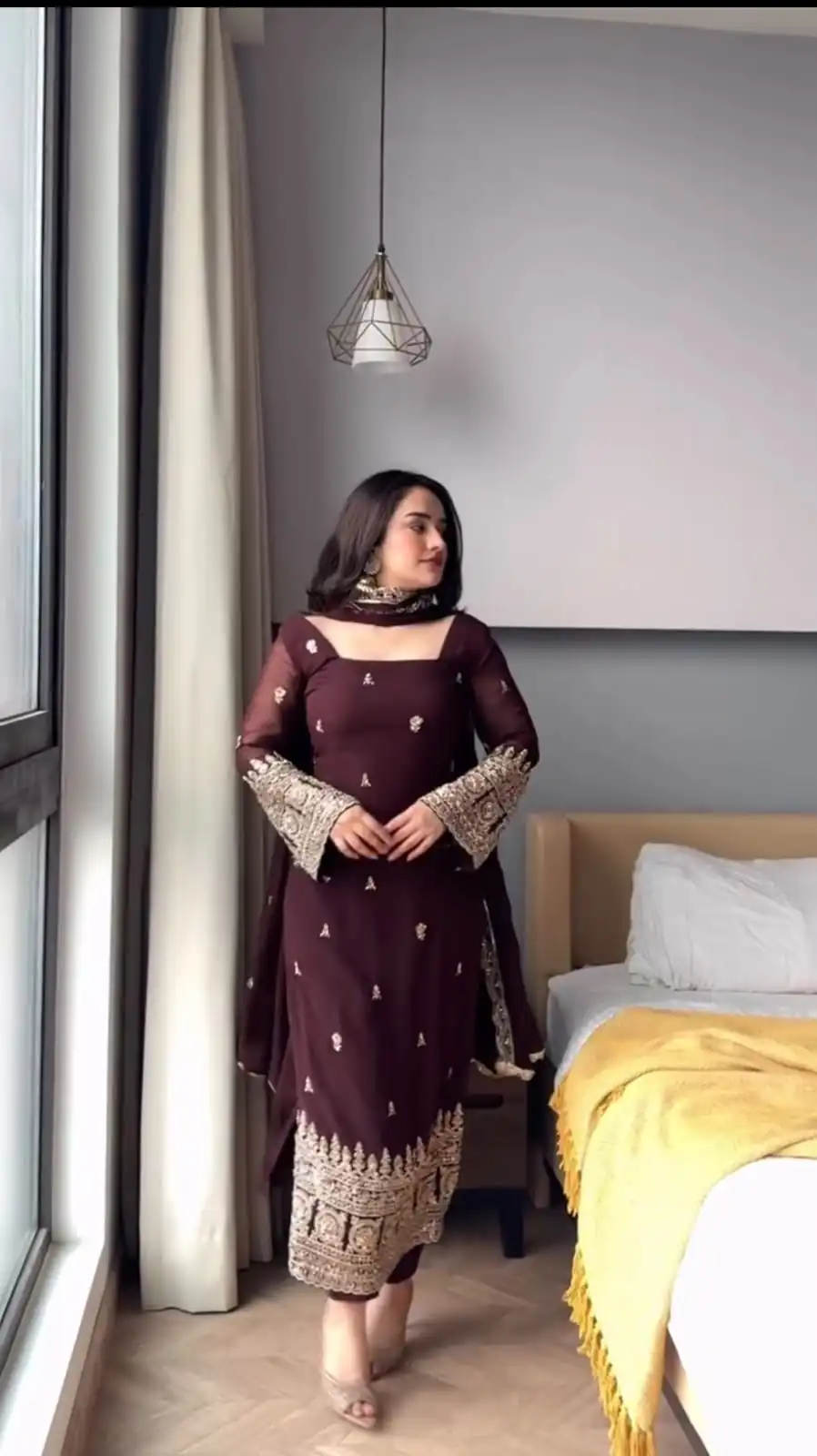 KD 1548 | Brown Faux Georgette Salwar Suit with Lace Work & Lace Border. Festive Deal ₹2049. Delivery 4-6 Working Days. Shop now. | Casual Suits, Jump Suits, Creative suits, Designer Suits, Palazzo Suits, Party Wear Suits, Patiala Suits, Salwar suit, Straight Suits