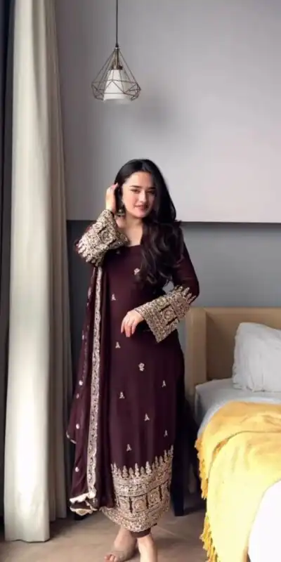 KD 1548 | Brown Faux Georgette Salwar Suit with Lace Work & Lace Border. Festive Deal ₹2049. Delivery 4-6 Working Days. Shop now. | Casual Suits, Jump Suits, Creative suits, Designer Suits, Palazzo Suits, Party Wear Suits, Patiala Suits, Salwar suit, Straight Suits