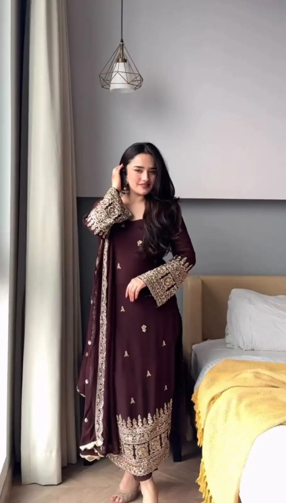 KD 1548 | Brown Faux Georgette Salwar Suit with Lace Work & Lace Border. Festive Deal ₹2049. Delivery 4-6 Working Days. Shop now. | Casual Suits, Jump Suits, Creative suits, Designer Suits, Palazzo Suits, Party Wear Suits, Patiala Suits, Salwar suit, Straight Suits