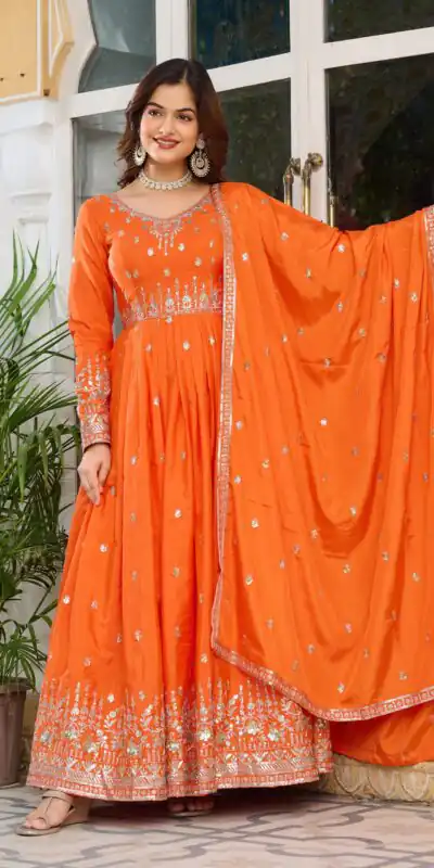 SP 12 Orange in American Silk Sequins Work & Thread Embroidery Gown . Introductory Price ₹2399. Delivery 4-6 Working Days. Shop now. | Bollywood Gowns, Creative Gowns, Designer Gowns, Embroidered Gowns, Gowns, Party Wear Gowns