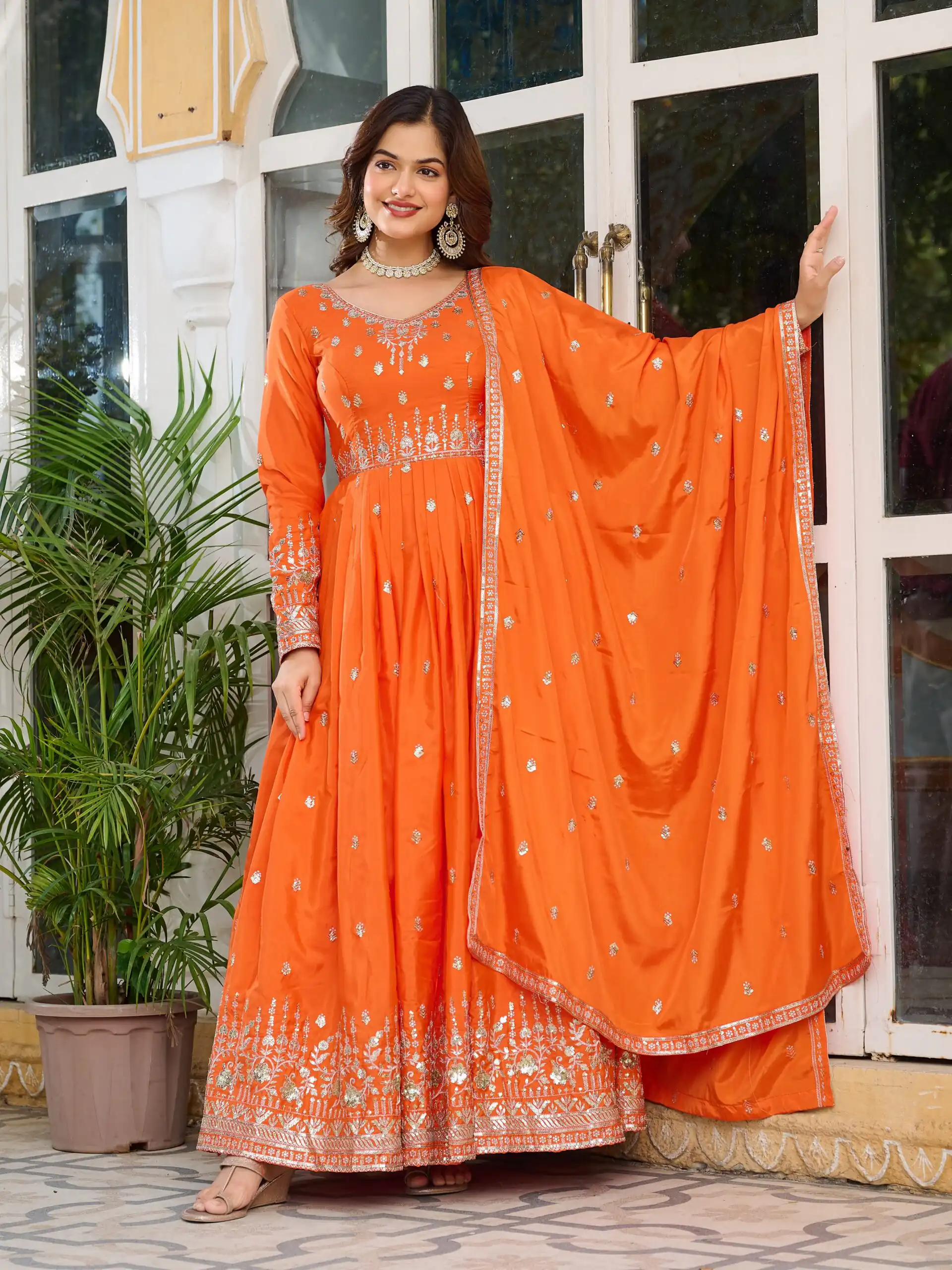 SP 12 Orange in American Silk Sequins Work & Thread Embroidery Gown . Introductory Price ₹2399. Delivery 4-6 Working Days. Shop now. | Bollywood Gowns, Creative Gowns, Designer Gowns, Embroidered Gowns, Gowns, Party Wear Gowns