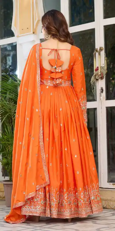 SP 12 Orange in American Silk Sequins Work & Thread Embroidery Gown . Introductory Price ₹2399. Delivery 4-6 Working Days. Shop now. | Bollywood Gowns, Creative Gowns, Designer Gowns, Embroidered Gowns, Gowns, Party Wear Gowns