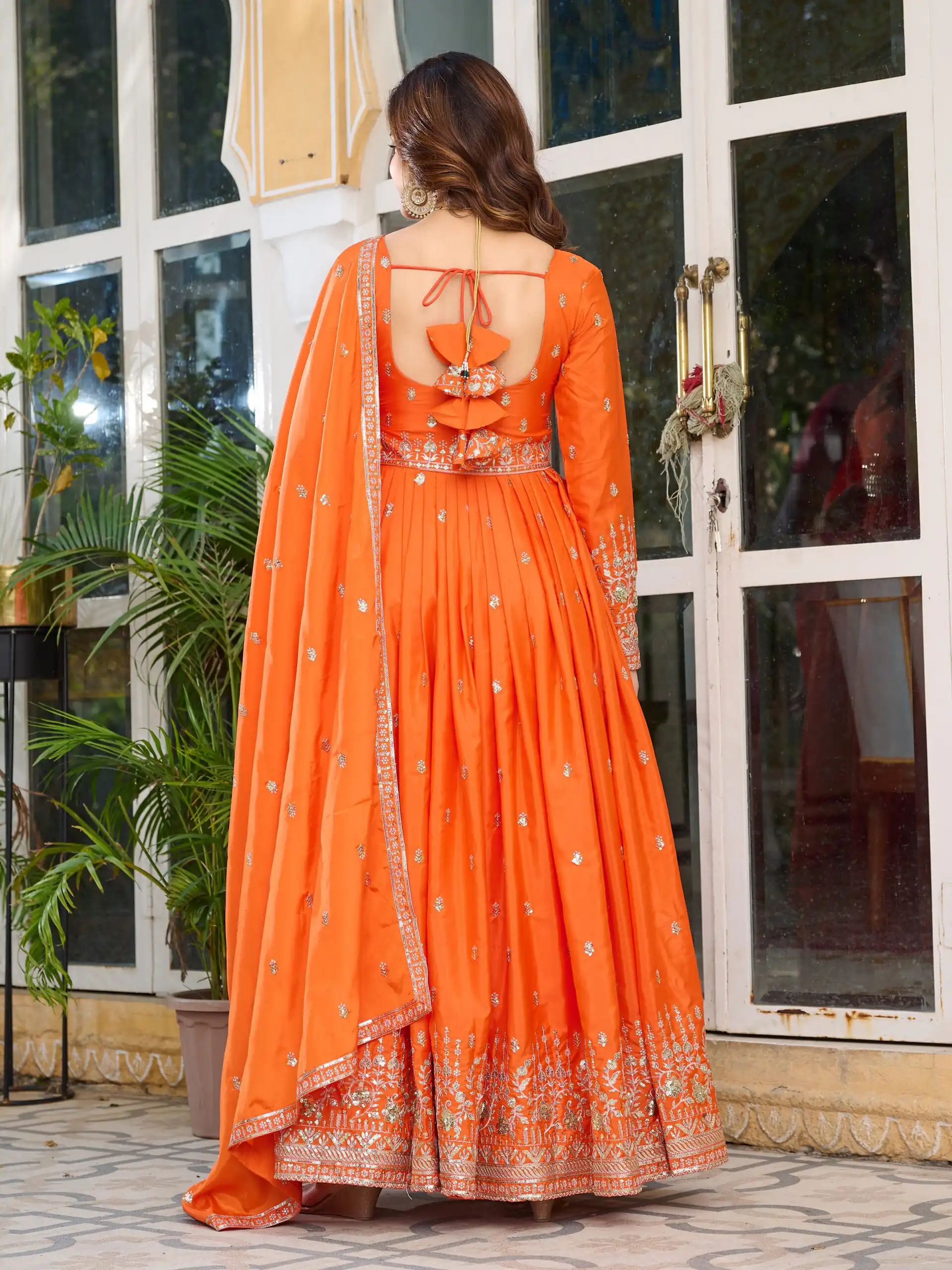 SP 12 Orange in American Silk Sequins Work & Thread Embroidery Gown . Introductory Price ₹2399. Delivery 4-6 Working Days. Shop now. | Bollywood Gowns, Creative Gowns, Designer Gowns, Embroidered Gowns, Gowns, Party Wear Gowns