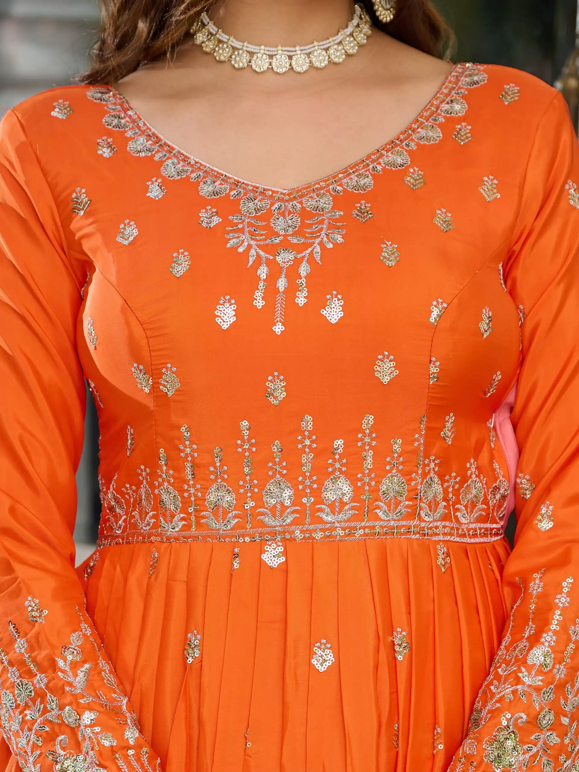 SP 12 Orange in American Silk Sequins Work & Thread Embroidery Gown . Introductory Price ₹2399. Delivery 4-6 Working Days. Shop now. | Bollywood Gowns, Creative Gowns, Designer Gowns, Embroidered Gowns, Gowns, Party Wear Gowns