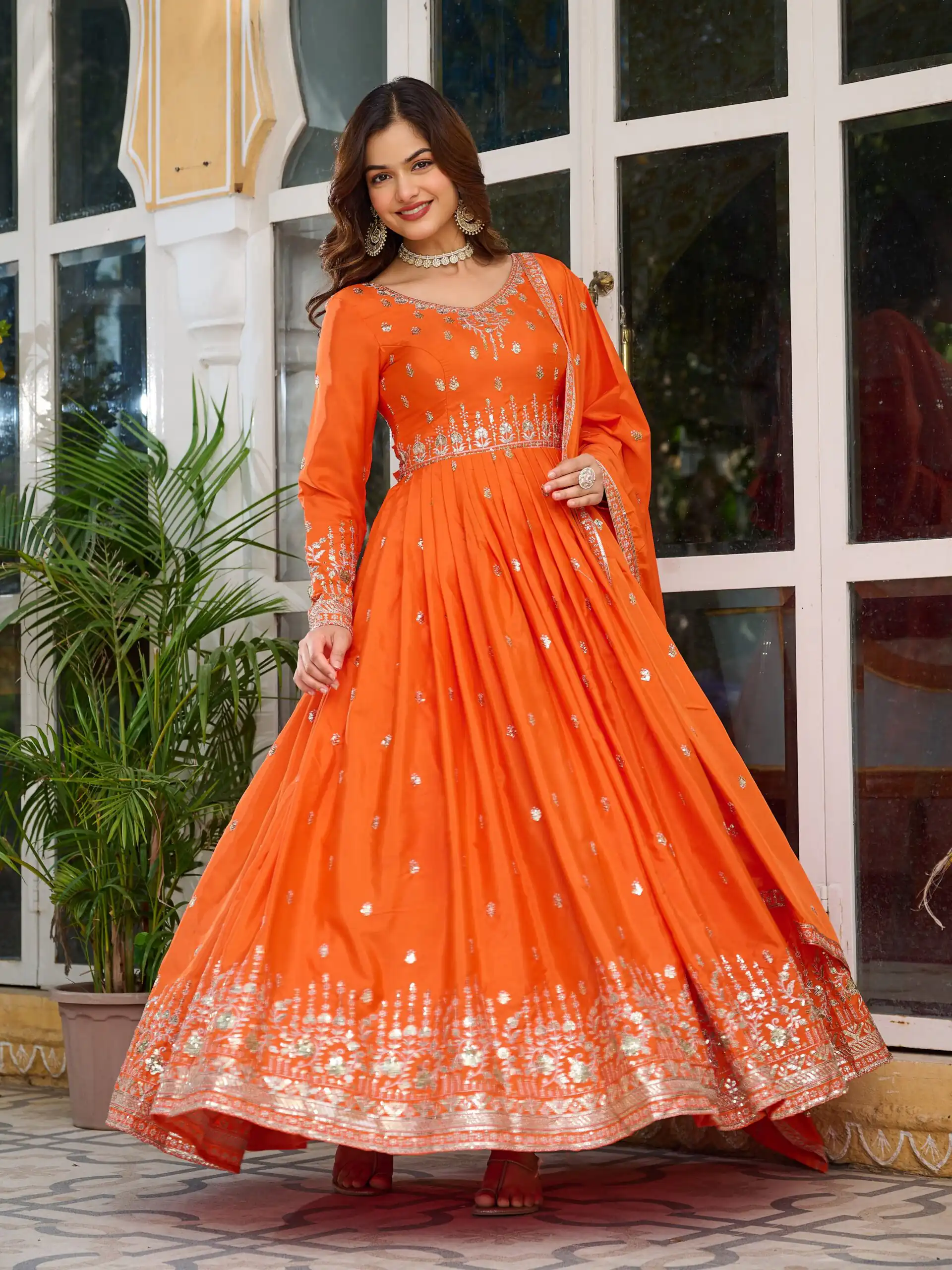 SP 12 Orange in American Silk Sequins Work & Thread Embroidery Gown . Introductory Price ₹2399. Delivery 4-6 Working Days. Shop now. | Bollywood Gowns, Creative Gowns, Designer Gowns, Embroidered Gowns, Gowns, Party Wear Gowns