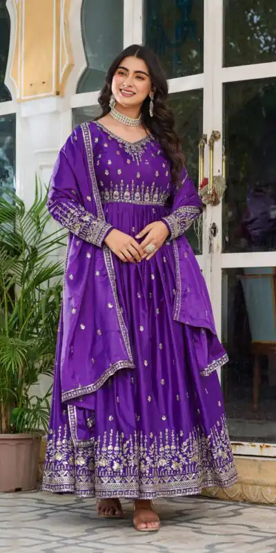 SP 12 Purple in American Silk Sequins Work & Thread Embroidery Gown . Introductory Price ₹2399. Delivery 4-6 Working Days. Shop now. | Bollywood Gowns, Creative Gowns, Designer Gowns, Embroidered Gowns, Gowns, Party Wear Gowns