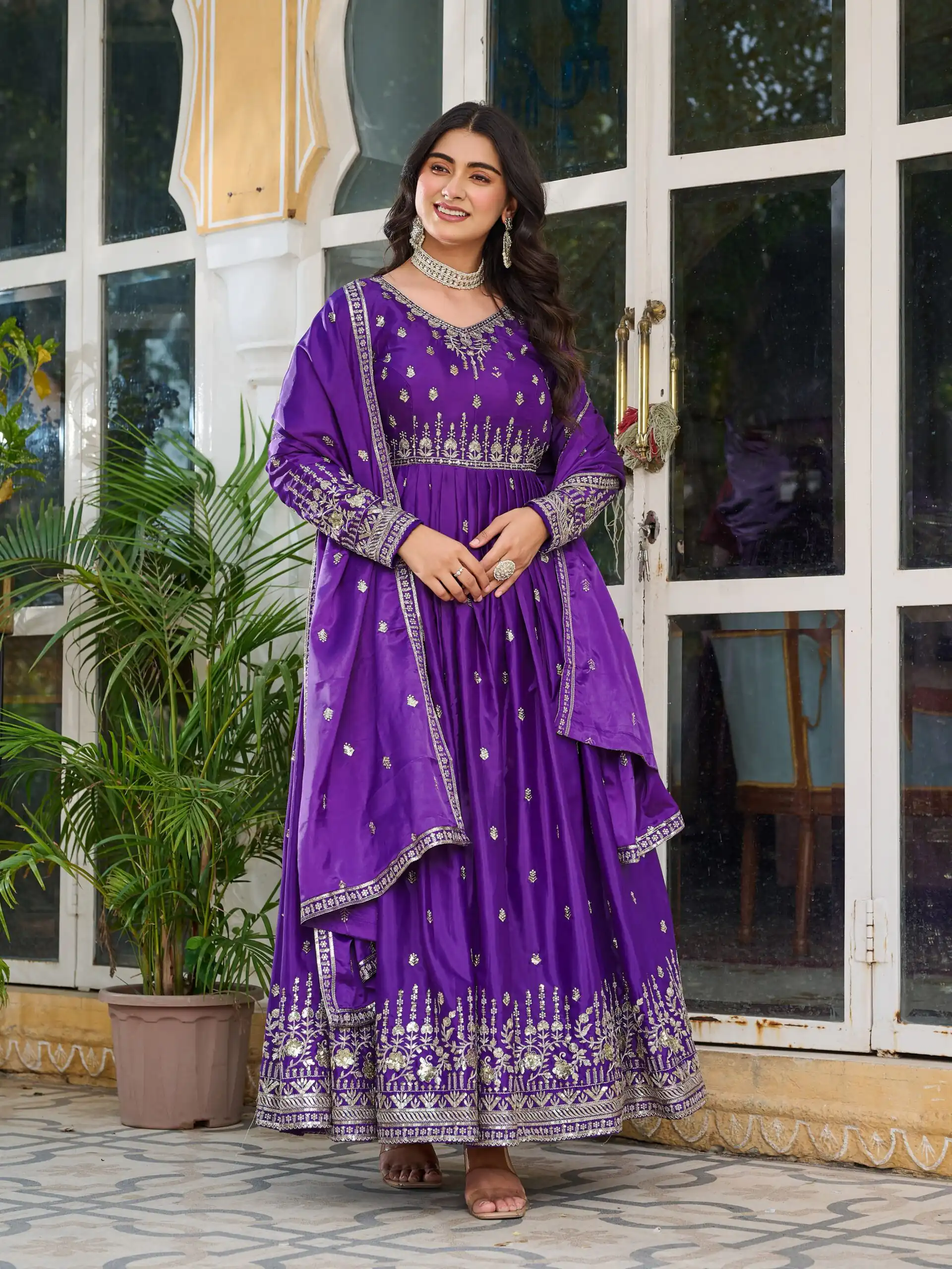 SP 12 Purple in American Silk Sequins Work & Thread Embroidery Gown . Introductory Price ₹2399. Delivery 4-6 Working Days. Shop now. | Bollywood Gowns, Creative Gowns, Designer Gowns, Embroidered Gowns, Gowns, Party Wear Gowns