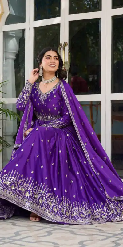 SP 12 Purple in American Silk Sequins Work & Thread Embroidery Gown . Introductory Price ₹2399. Delivery 4-6 Working Days. Shop now. | Bollywood Gowns, Creative Gowns, Designer Gowns, Embroidered Gowns, Gowns, Party Wear Gowns