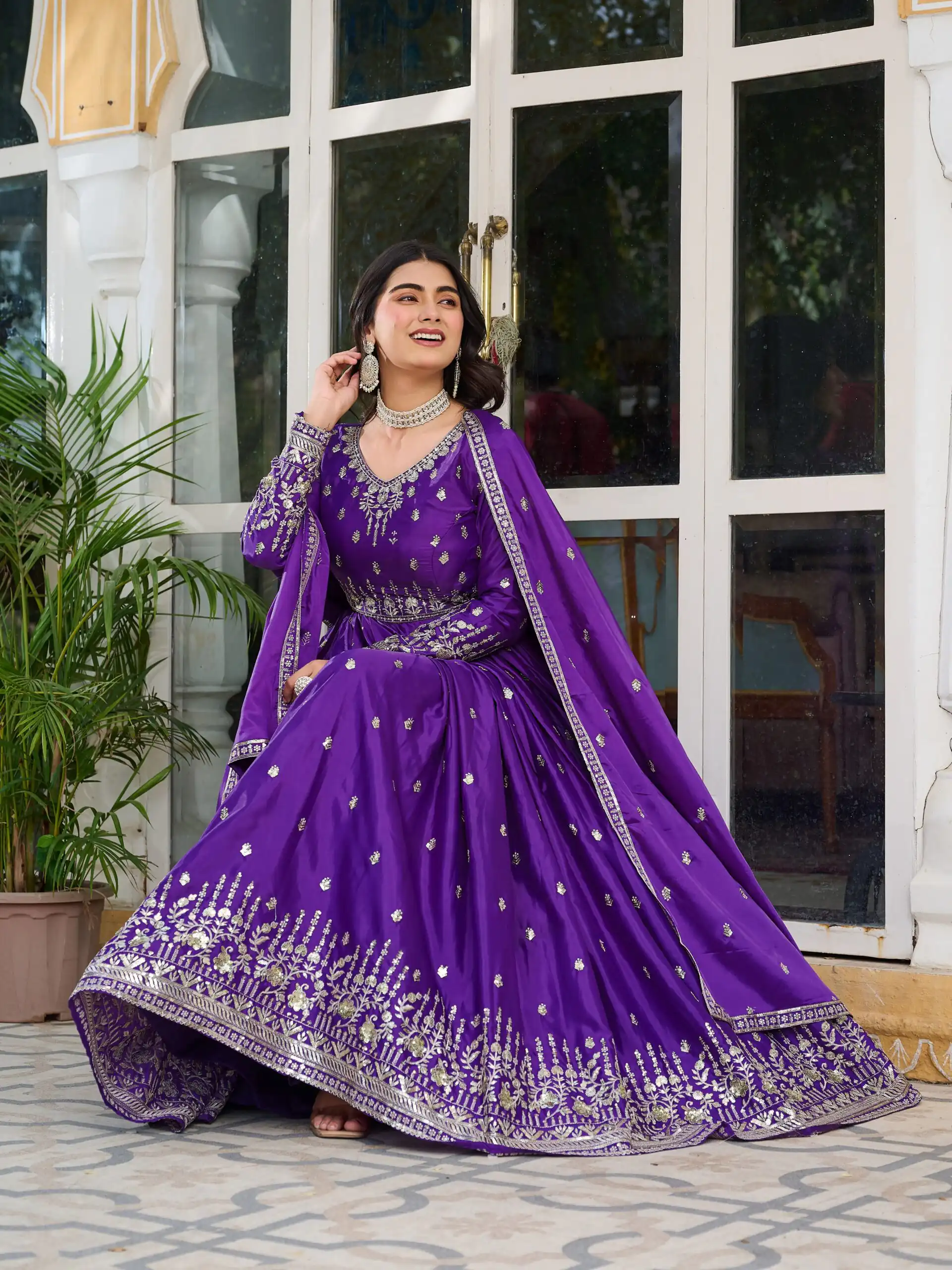 SP 12 Purple in American Silk Sequins Work & Thread Embroidery Gown . Introductory Price ₹2399. Delivery 4-6 Working Days. Shop now. | Bollywood Gowns, Creative Gowns, Designer Gowns, Embroidered Gowns, Gowns, Party Wear Gowns