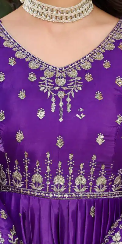 SP 12 Purple in American Silk Sequins Work & Thread Embroidery Gown . Introductory Price ₹2399. Delivery 4-6 Working Days. Shop now. | Bollywood Gowns, Creative Gowns, Designer Gowns, Embroidered Gowns, Gowns, Party Wear Gowns