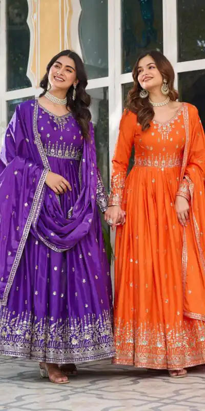 SP 12 Purple in American Silk Sequins Work & Thread Embroidery Gown . Introductory Price ₹2399. Delivery 4-6 Working Days. Shop now. | Bollywood Gowns, Creative Gowns, Designer Gowns, Embroidered Gowns, Gowns, Party Wear Gowns